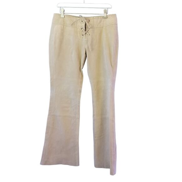 Y2K HIPSTER Geniune Leather Flare Tan/Light Brown Pants Gromet Lace Up Juniors 9